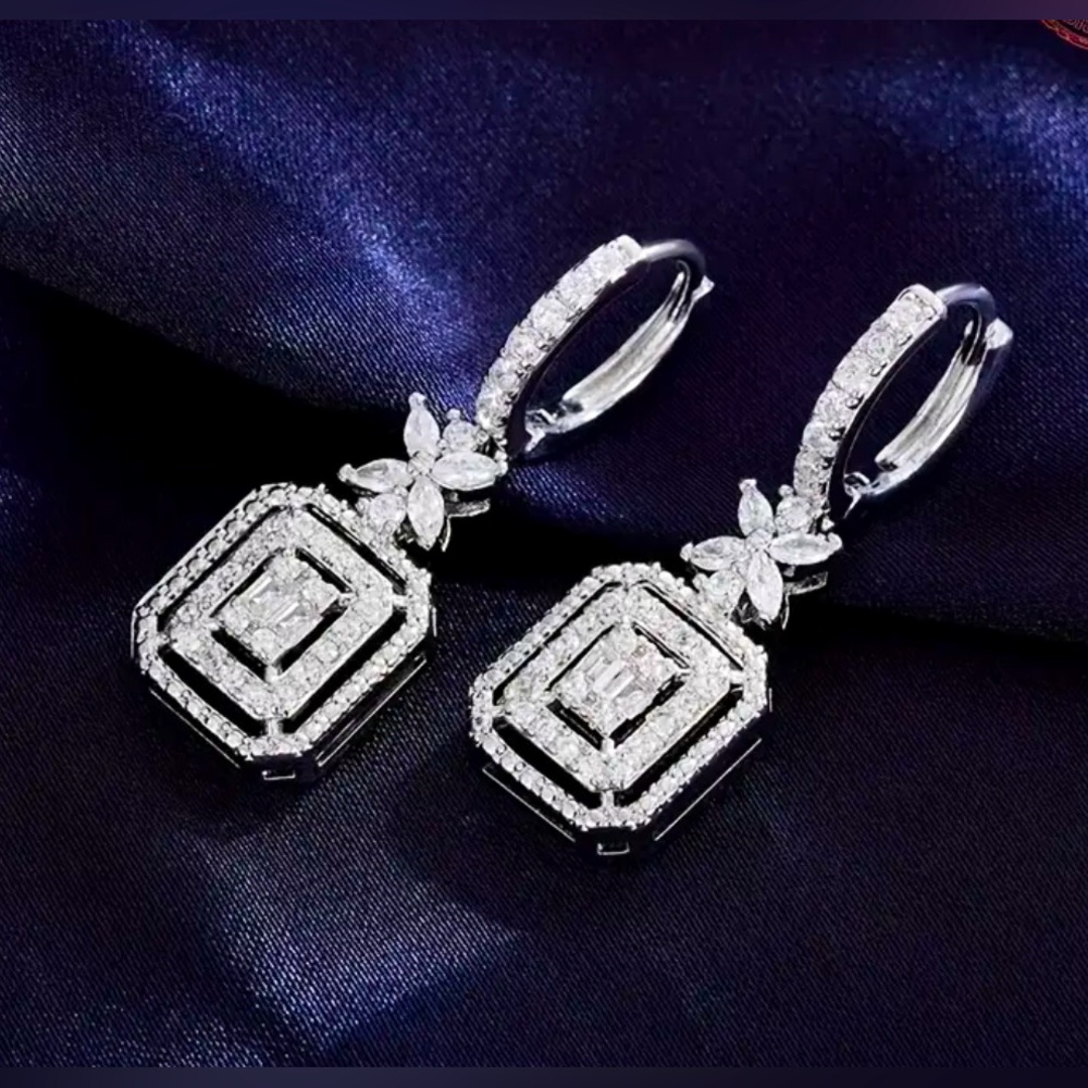 Elegant 925 Princess Cut Geometric Halo CZ Earrings